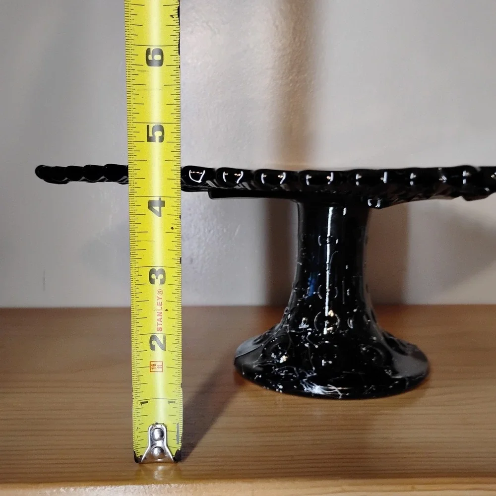 Vintage L E Smith Black Amethyst Glass Square Cake Stand Pedestal‎ White Drizzle